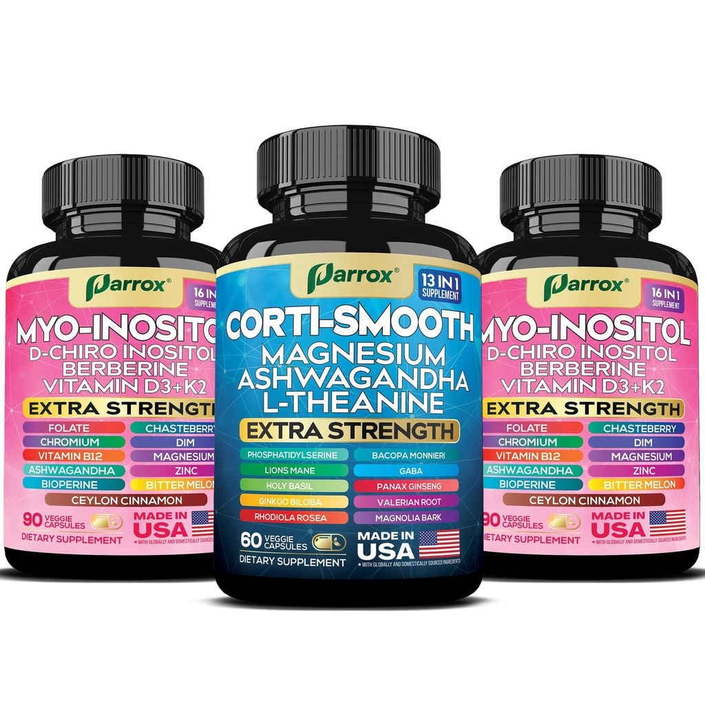 Soothe & Smooth Bundle: Cortisol & Myo-Inositol Supplement with Ashwagandha, L-Theanine, Magnesium, D-Chiro Inositol, DIM, Chasteberry & Berberine