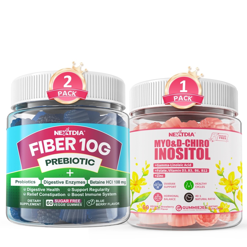 Nextdia Fiber Gummies for Adults, Sugar Free 10g Prebiotic Fiber Supplement + Myo-Inositol & D-Chiro Inositol Gummies Supplement