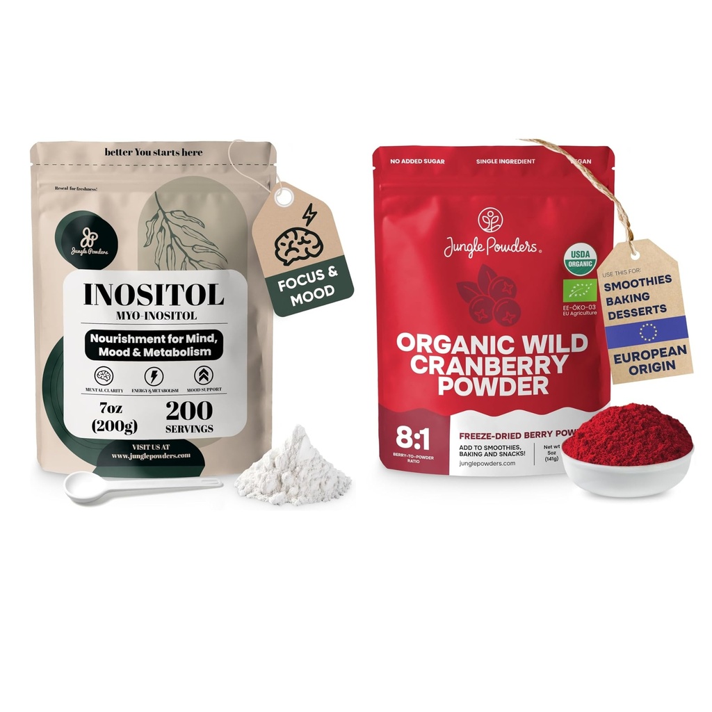 Jungle Powders Inositol Powder 7 Ounce Bag + Wild Cranberry Powder Organic 5 Ounces