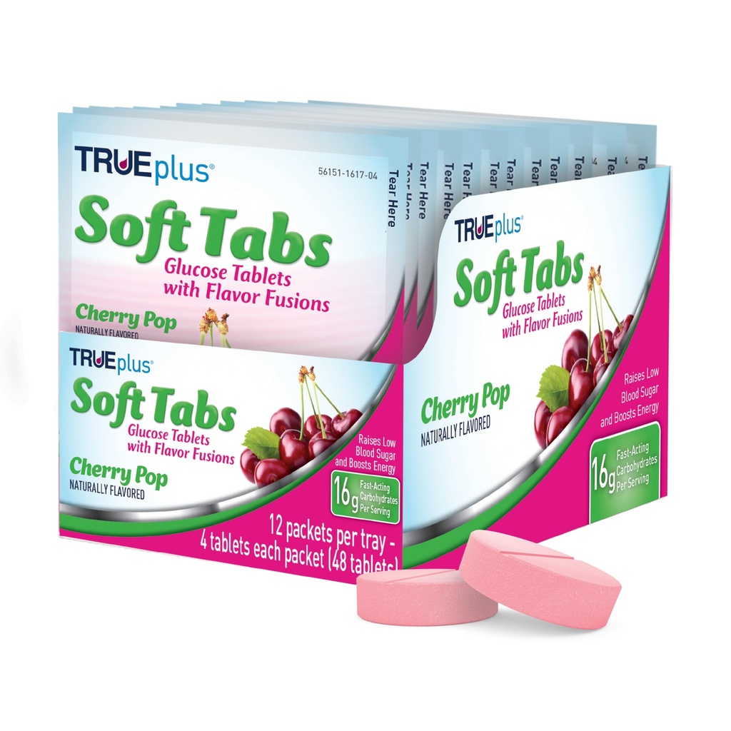 TRUEplus Soft Tabs Glucose Tablets, Chewable, Cherry Pop Flavor, 16g Fast-Acting Carbohydrates, Fat Free, Gluten Free, Boost Energy, 4 Count, 12 Packs
