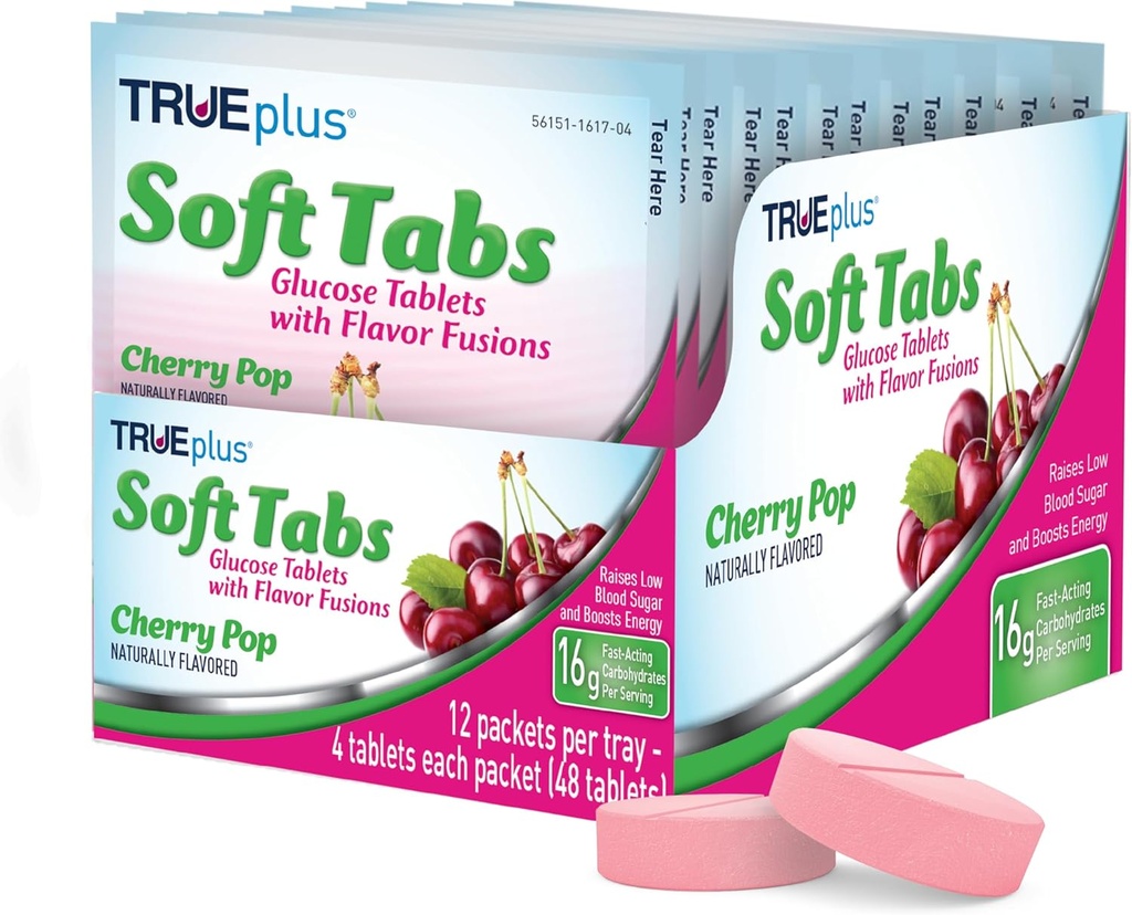 TRUEplus® Soft Tabs Δισκία γλυκόζης – 12 συσκευασίες – 48 δισκία (Cherry Pop)