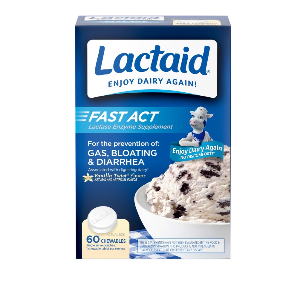 Lactaid Fast Act Lactose intolerance Relief Chewables with Natural Lactase Enzyme to prevent Gas, Bloating & Diarrhea Due to Lactose Hassasiyet, On-Go, Vanilla Twist Flavor, 60 x 1 ct