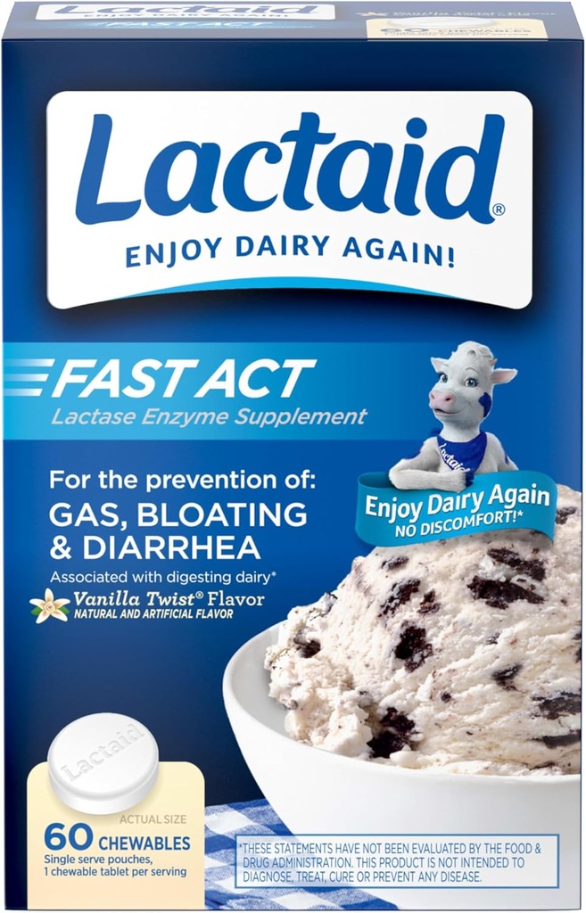 Lactaid Fast Act Lactose intolerance Relief Chewables with Natural Lactase Enzyme to prevent Gas, Bloating & Diarrhea Due to Lactose Hassasiyet, On-Go, Vanilla Twist Flavor, 60 x 1 ct