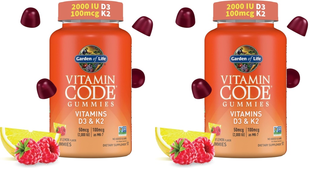 Garden of Life Vitamin Code D3 + K2 Gummies with Prebiotics & Probiotics for Digestion,2000 IU Vitamin D3 + 100 mcg K2 for Bone & ImmuneHealth forAdults,45 Raspberry Lemon Gummies(Pack of 2)