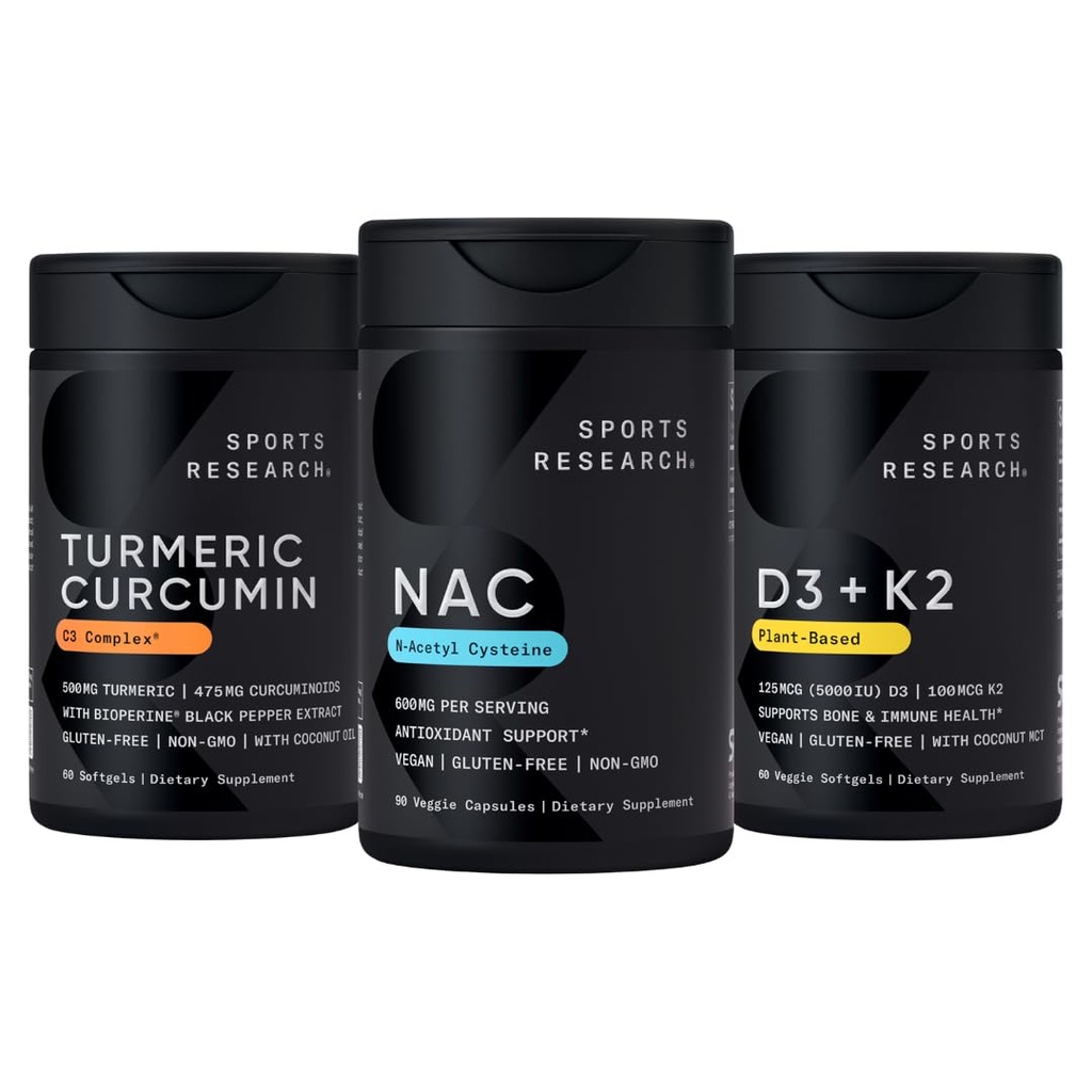 Sports Research® Vitamin D3 K2 with Coconut Oil, Turmeric Curcumin C3 Complex Softgels with Bioperine Black Pepper Extract & Organic Coconut Oil and N-Acetyl L-Cysteine (NAC) 600mg Veggie Capsules