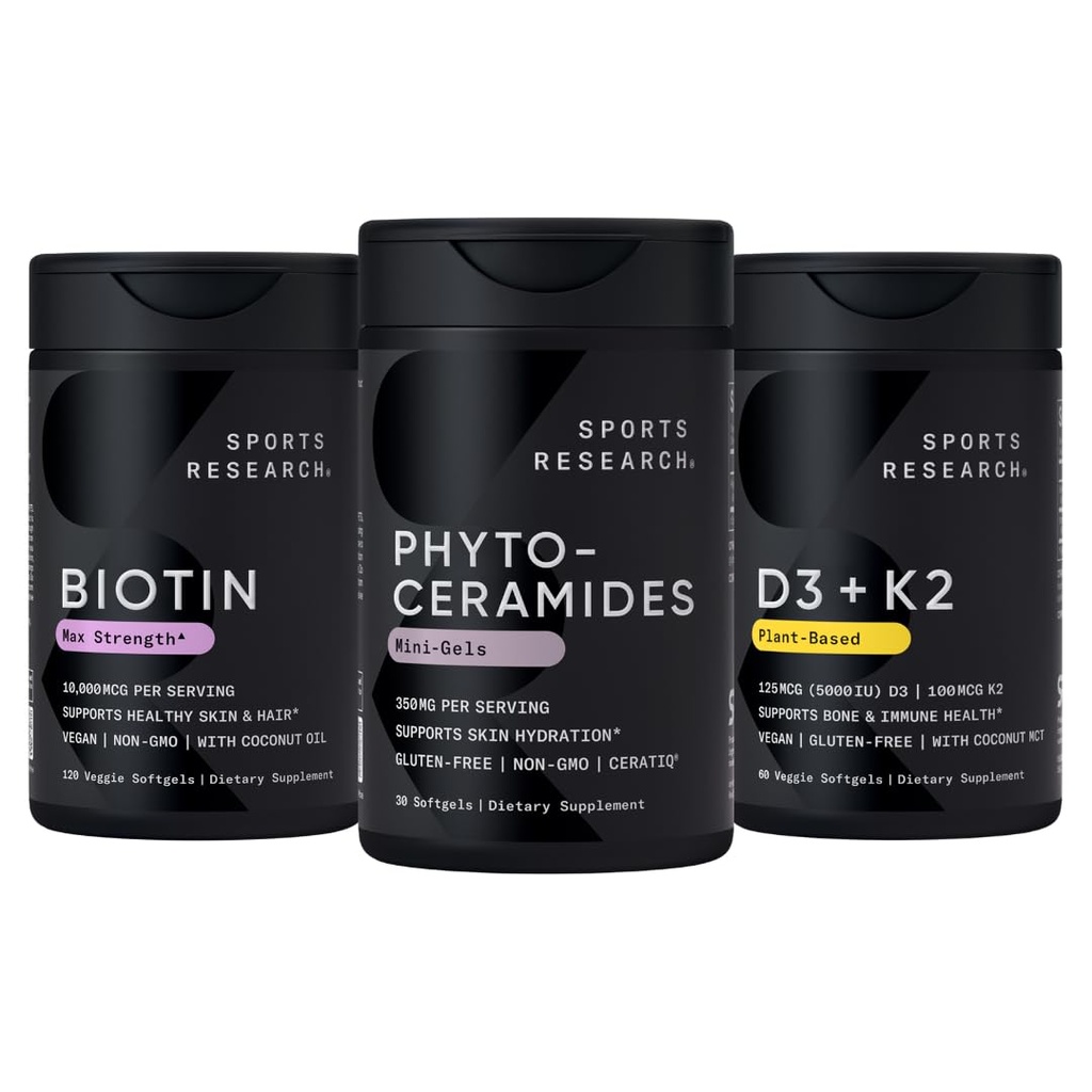 Sports Research® Skin Health Bundle - Vitamin D3 K2 with Coconut Oil, Vegan Biotin 10,000mcg with Coconut Oil & Phytoceramides 350mg per Softgel Plant Derived Ceramides for Healthy Skin and Hydration