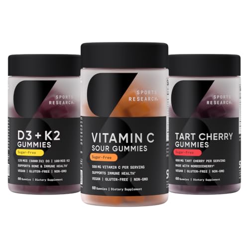 Sports Research® Gummies Pack - Vitamin C, Vegan Vitamin D3 + K2 and Tart Cherry Supplements for Immune & Antioxidant Support, Stronger Bones, Workout Recovery
