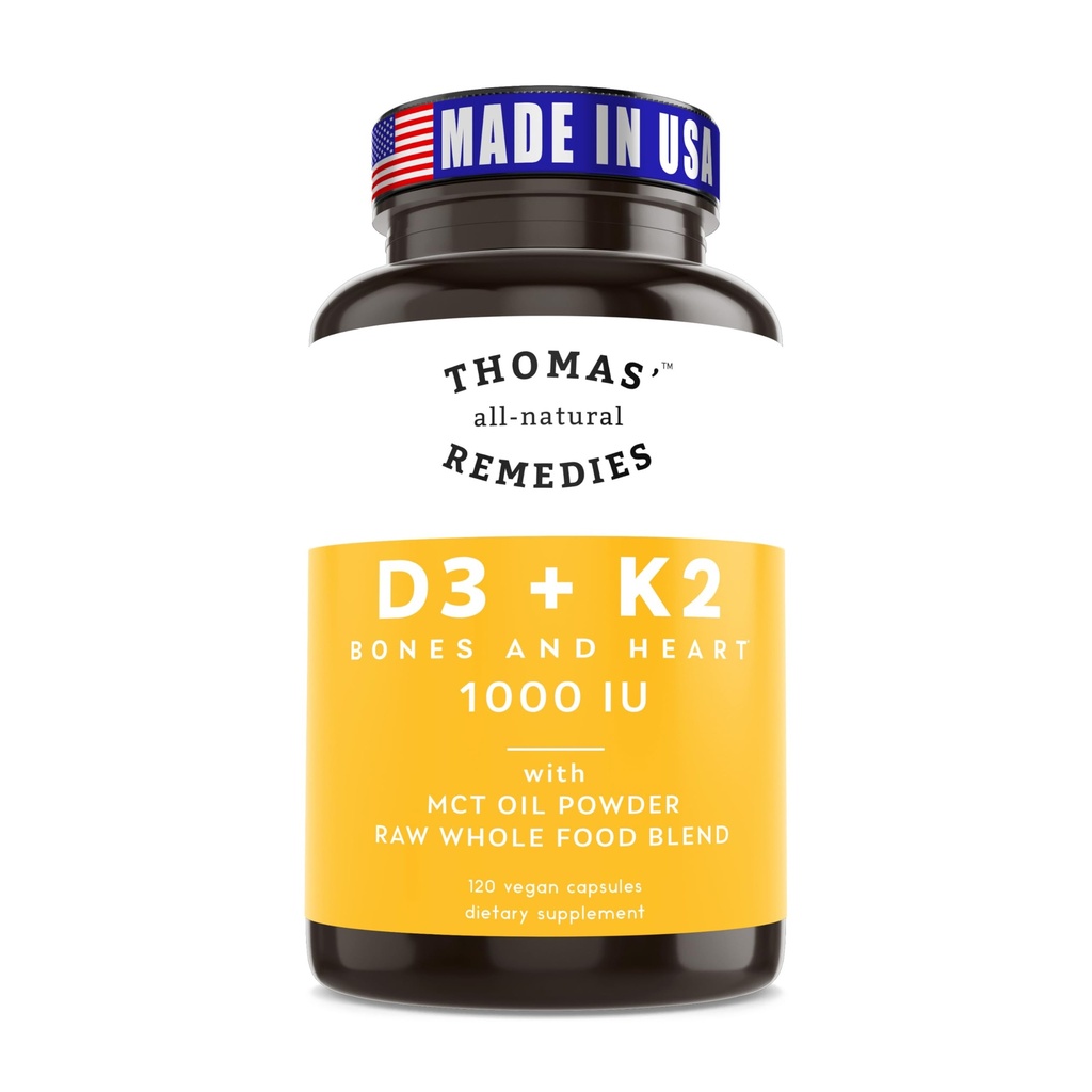 Thomas' all-natural Remedies D3 + K2 with MCT Oil for Better Absorption & Raw Whole Food Blend, 1000 IU D3, Vegan, Made in USA, Support for Your Heart, Bones & Teeth, Non-GMO (120ct)