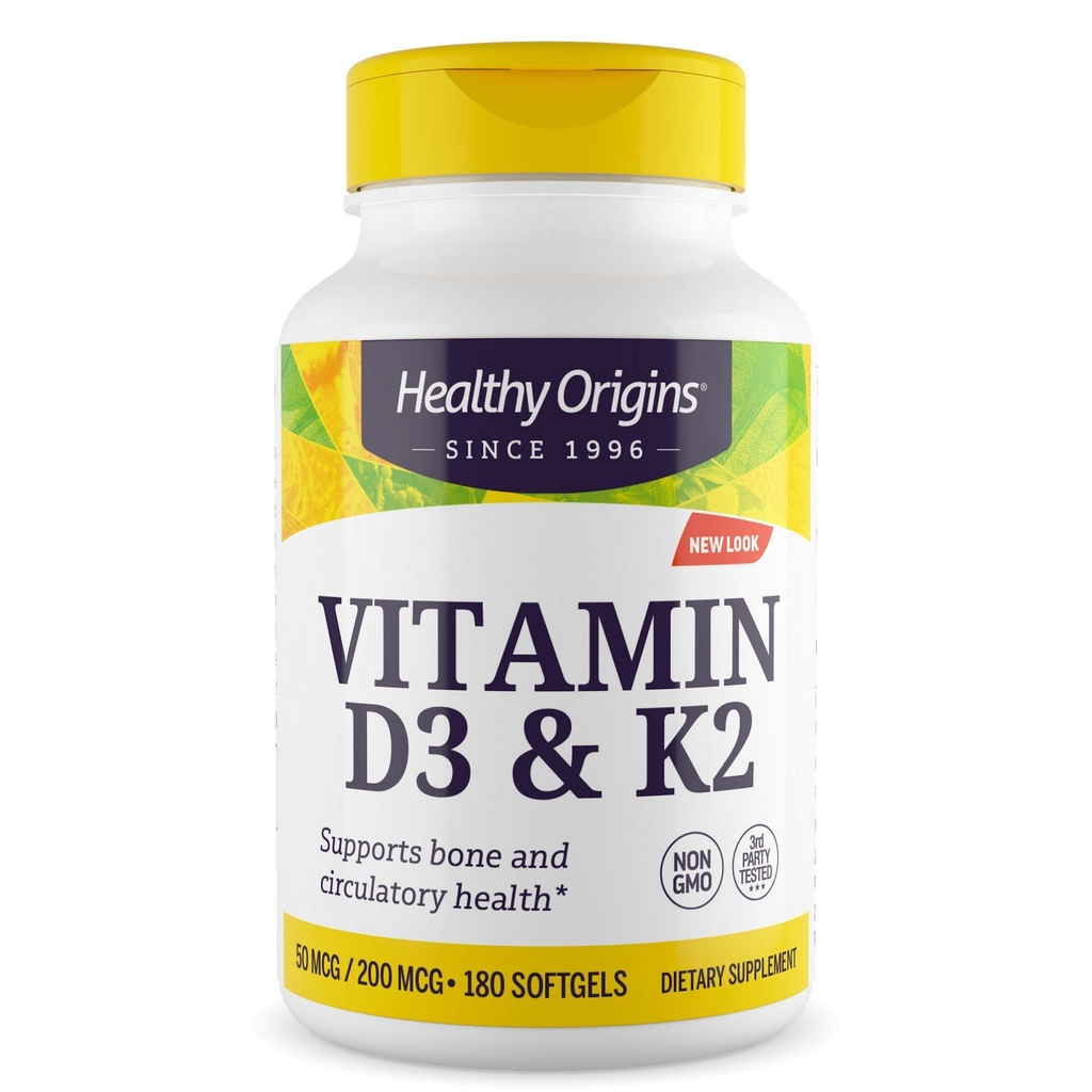 Healthy Origins Vitamin D3 2,000 IU (50 mcg) & Vitamin K2 200 mcg (MK-7), 180 Liquid Softgels - High Potency Synergy for Calcium Absorption