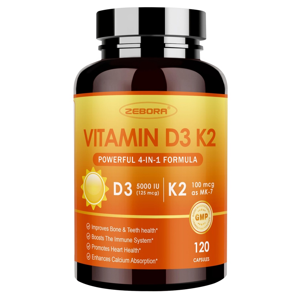 ZEBORA Vitamin D3+K2-5000 IU Vitamin D3 + 100 mcg K2 MK-7 - Maximum Absorption for Bone, Teeth, Heart & Immune Support - Easy to Swallow, Gluten-Free, 120 Capsules
