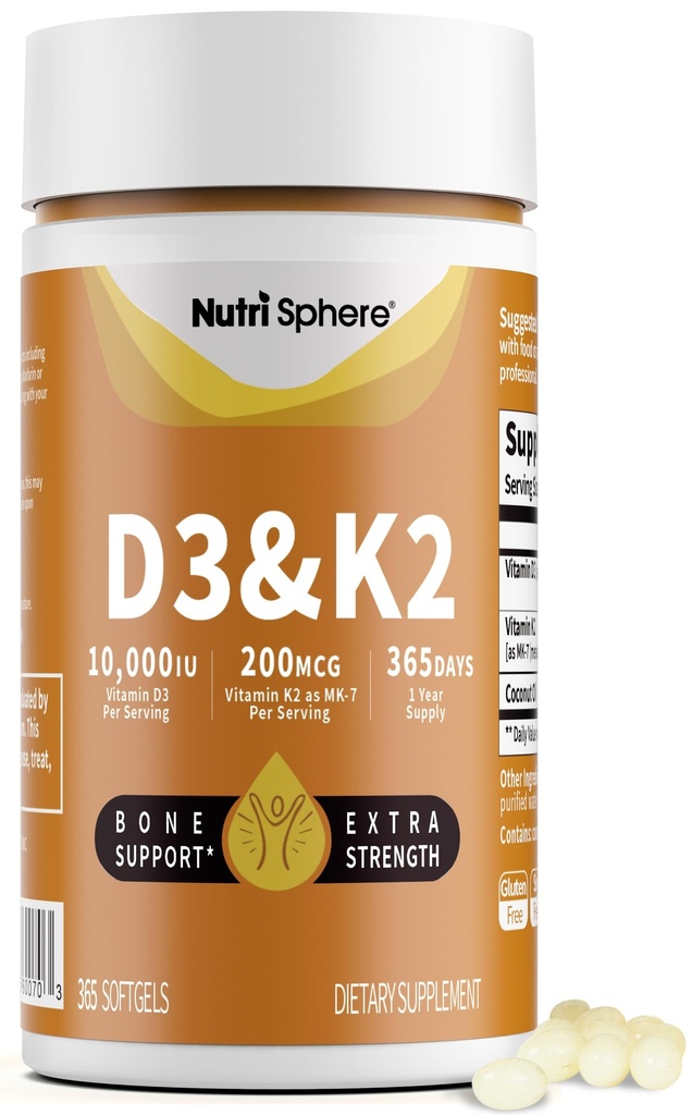 NutriSphere Vitamin D3 & K2 (MK-7) - 10,000 IU + 200 mcg Supplement D&K, Easy to Swallow, Supports Calcium Absorption - 365 Softgels (1 Year Supply)
