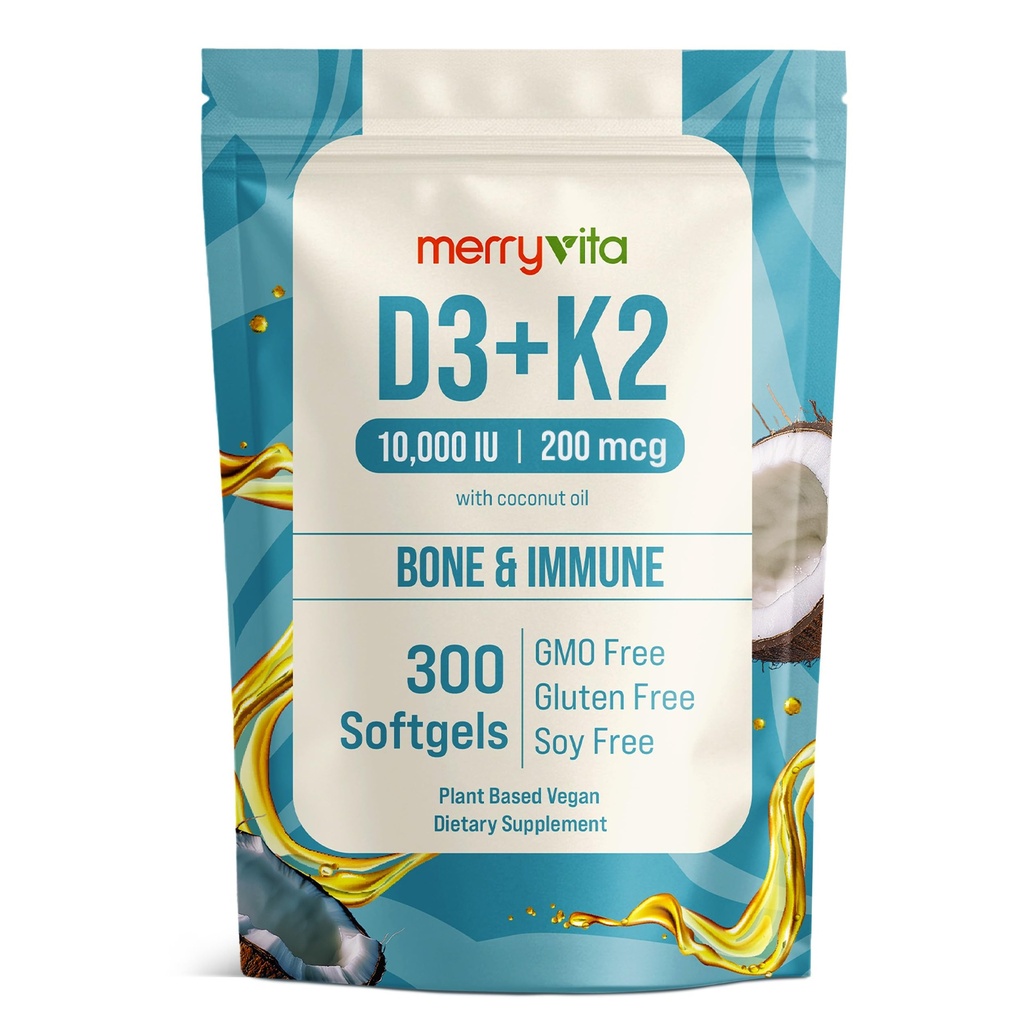 MERRY VITA Vitamin D3 K2 300 Softgels – 10000 IU & 200 MCG K2 MK7 – Plant-Based, Vegan, Non-GMO, Gluten-Free – Coconut Oil – Immune, Bone & Muscle Support – D3 con K2 vitamina Supplement