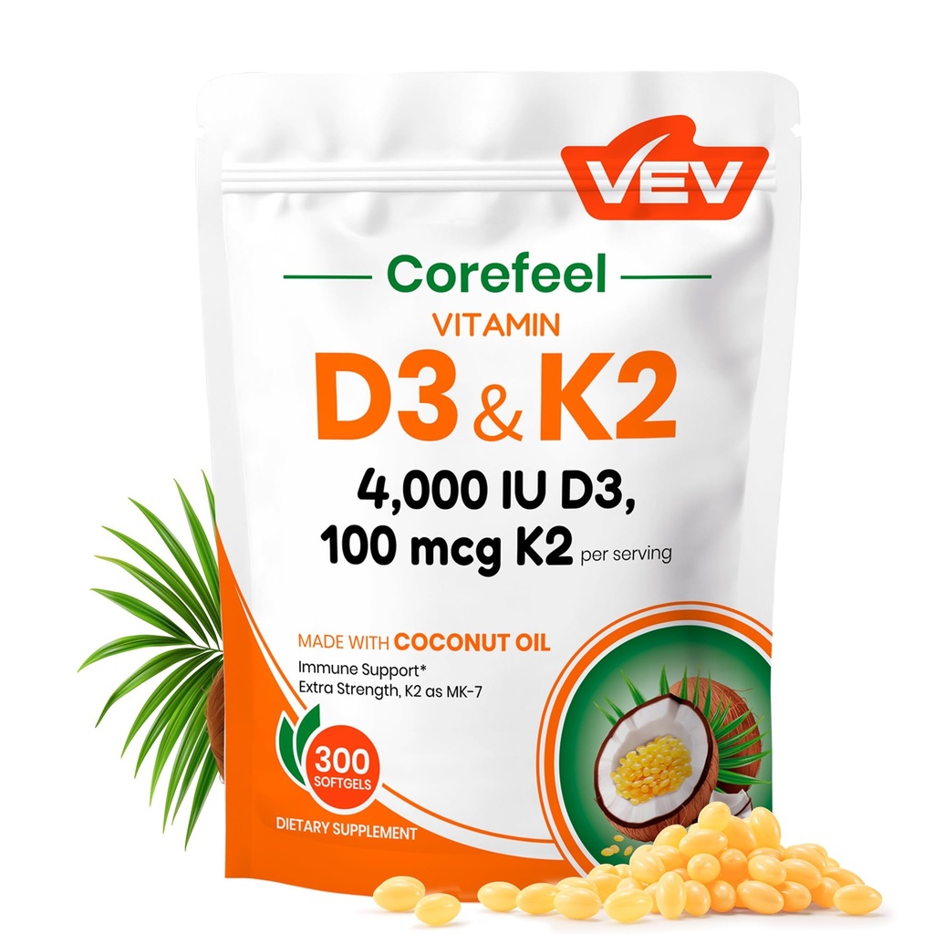 VEV Vitamin D3 K2 4,000 IU, 100 mcg MK-7, 300 Softgels with Coconut Oil, Easy to Swallow K2 D3 Vitamin Supplement, Daily Nutrient Support