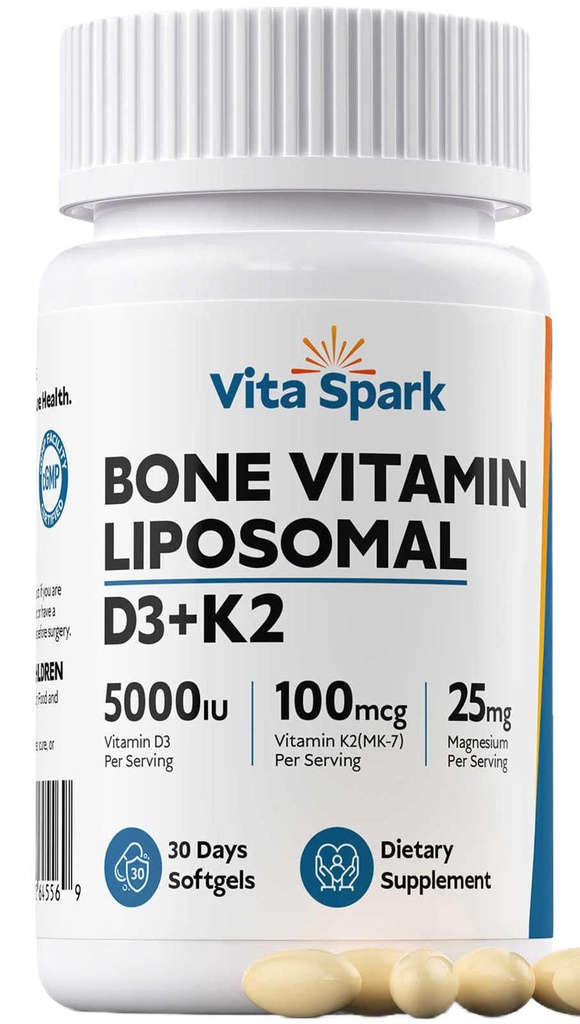 Vitamin D3 K2 - Liposomal Bone Vitamins Supplement, 5000IU D3, 100mcg K2 MK7 & Magnesium for Women and Men | Supports Bone, Teeth, Heart, Immune and Vascular Health*, 30 Days Mini Softgels