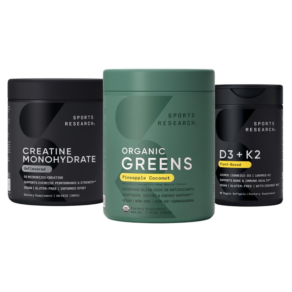 Sports Research® Organic Pineapple Coconut Greens, Creatine Monohydrate & Vitamin D3 5000iu + Βιταμίνη K2 100mg