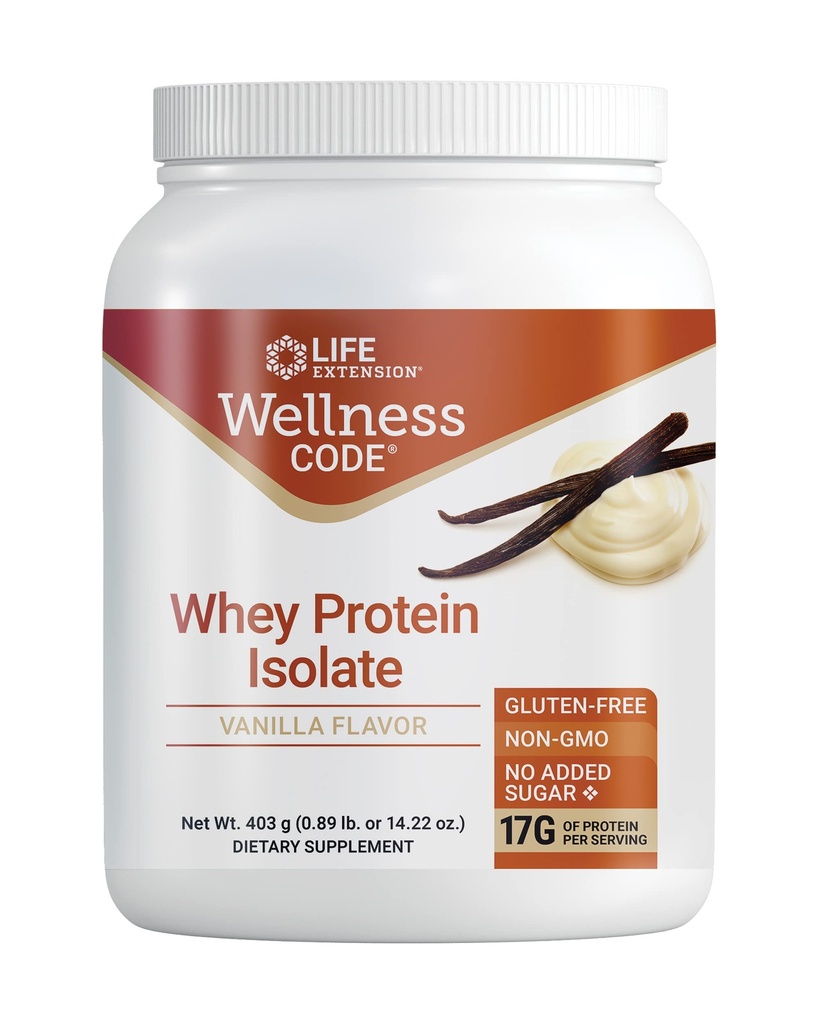 Life Extension Wellness Code® Whey Protein Isolate (Vanilla), Protein ve dallı-Chain Amino asitleri Kas Büyüme ve Immune Health için, hayır Şeker eklendi, Gluten Free, Non-GMO, 403 Grams (20 hizmet)