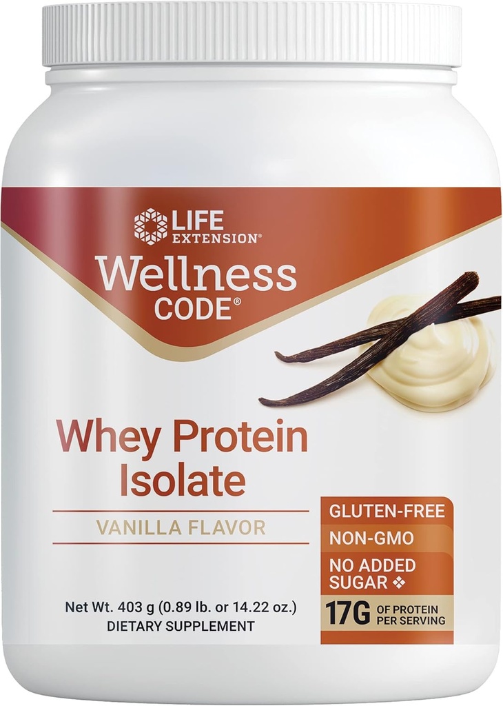 Life Extension Wellness Code® Whey Protein Isolate (Vanilla), Protein ve dallı-Chain Amino asitleri Kas Büyüme ve Immune Health için, hayır Şeker eklendi, Gluten Free, Non-GMO, 403 Grams (20 hizmet)