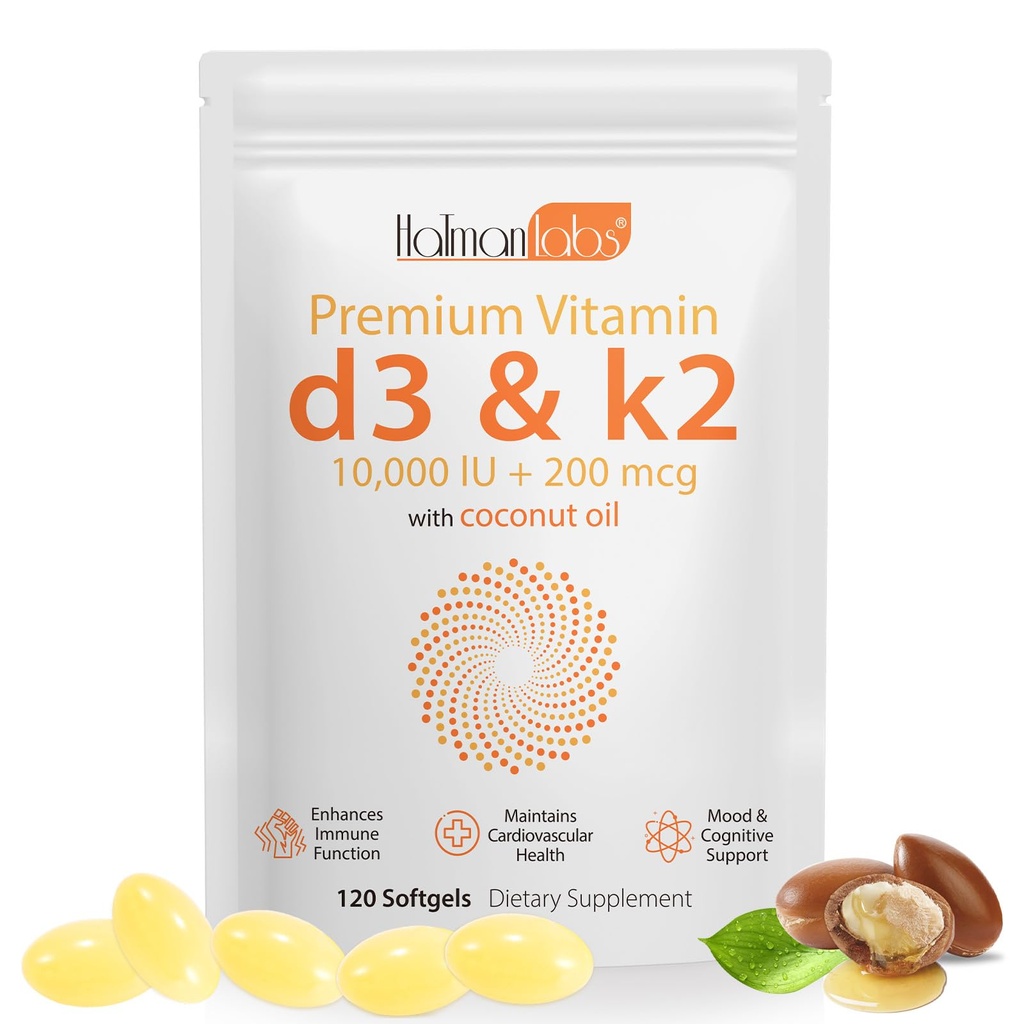 Vitamin D3 K2 120PCS with Coconut Oil, K2 D3 Vitamin Supplement, Support Immune Health, Fast Absorption, D3 K2 Vitamin 10000 iu, Support Bone Health, Non-GMO