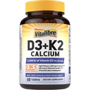 Vitalibre D3 K2 Calcium Supplement for Women & Men, Vitamin D3 5000 IU, Calcium 1200 mg, MK-7, High Absorption, for Strong Bones, Teeth, Heart, Immune Health, 60 Tablets