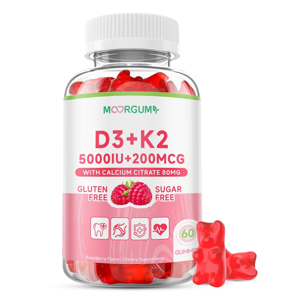 Vitamin D3 K2 Gummies with 5000IU D3, 200mcg K2 (MK-4 & MK-7 Blend), 80mg Calcium, Supports Calcium Absorption, Bone Health & Immune Support, Raspberry Flavor, 60 Count
