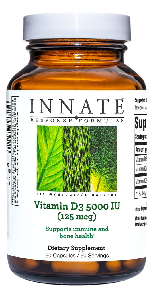 INNATE Response Formulas Vitamin D3 5000 IU (125 mcg) - Supplement That Supports Immune and Bone Health - Blend of Vitamins D3, K1, and K2 - Vegetarian - 60 Capsules (60 Servings)