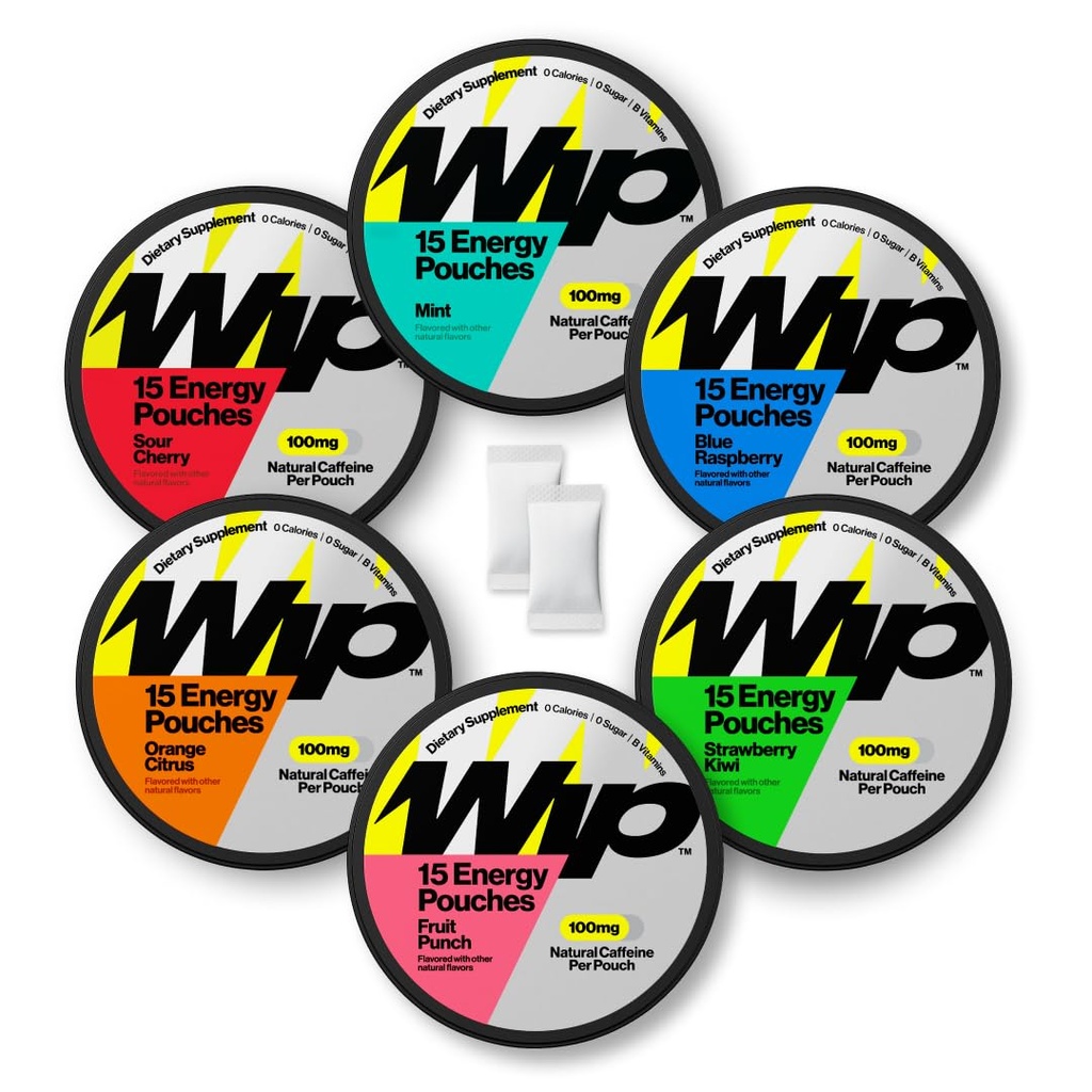 Wip Energy Pouches | 100mg Natural Caffeine | Vitamins and Minerals | 6 Pack Assorted: Sour Cherry, Mint, Orange Citrus, Strawberry Kiwi, Fruit Punch, Blue Raspberry