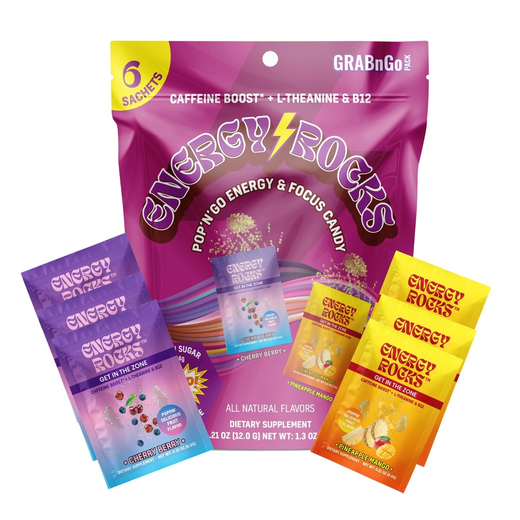 Caffeine Candy - Popping Energy Candy Crystals, 100mg Caffeine, L-Theanine & B12, Fast Energy, No Drink Needed - Coffee Alternative 6-Pack (Cherry Berry & Pineapple Mango)