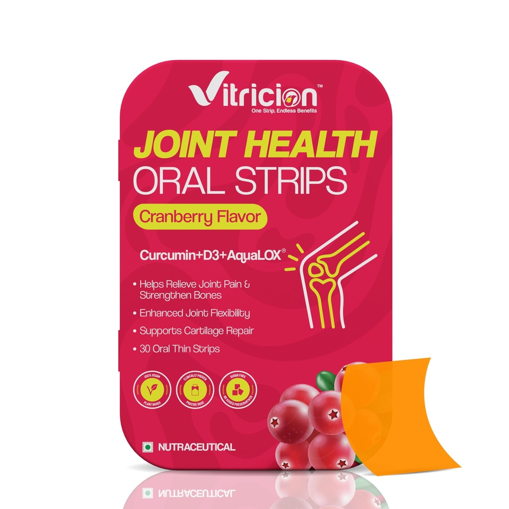 Joint Support Strips – 30 Strips – Fast-Dissolving Oral Supplement with Curcumin-D3 & AquaQ10 – Mobility & Flexibility Support for Men & Women – Cranberry Flavor