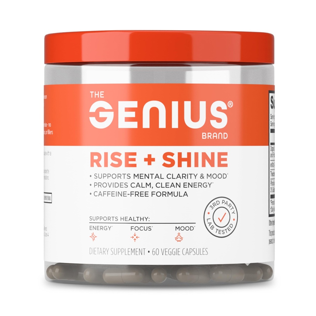 The Genius Brand Genius Rise+Shine - Nootropic Energy Formula with EnXtra, Rhodiola rosea, Cordyceps Mushroom & Theobromine - Caffeine-Free Formula - 60 Veggie Capsules