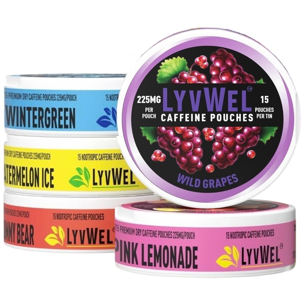 LyvWel 225mg Caffeine Energy Pouches | Nootropic Focus & Neuro Support | Tobacco-Free, Nicotine-Free, Quick Energy Solution | 5-Pack: 60 Pouches (5 Pack, Multi-Pack)