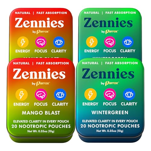 Caffeine Nootropic Pouches – Wintergreen & Mango Blast Variety Pack | Four Tins (2 of Each Flavor), Nicotine Free, Sugar Free.