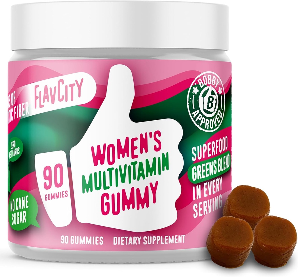 FlavCity Womens Multivitamin Gummy - Daily Multivitamin Gummies for Women - Premium Vitamins, Minerals & Prebiotic Fiber - No Cane Sugar or Seed Oils - Βιολογικό Σιτάρι, Moringa & More (90 Gummies)