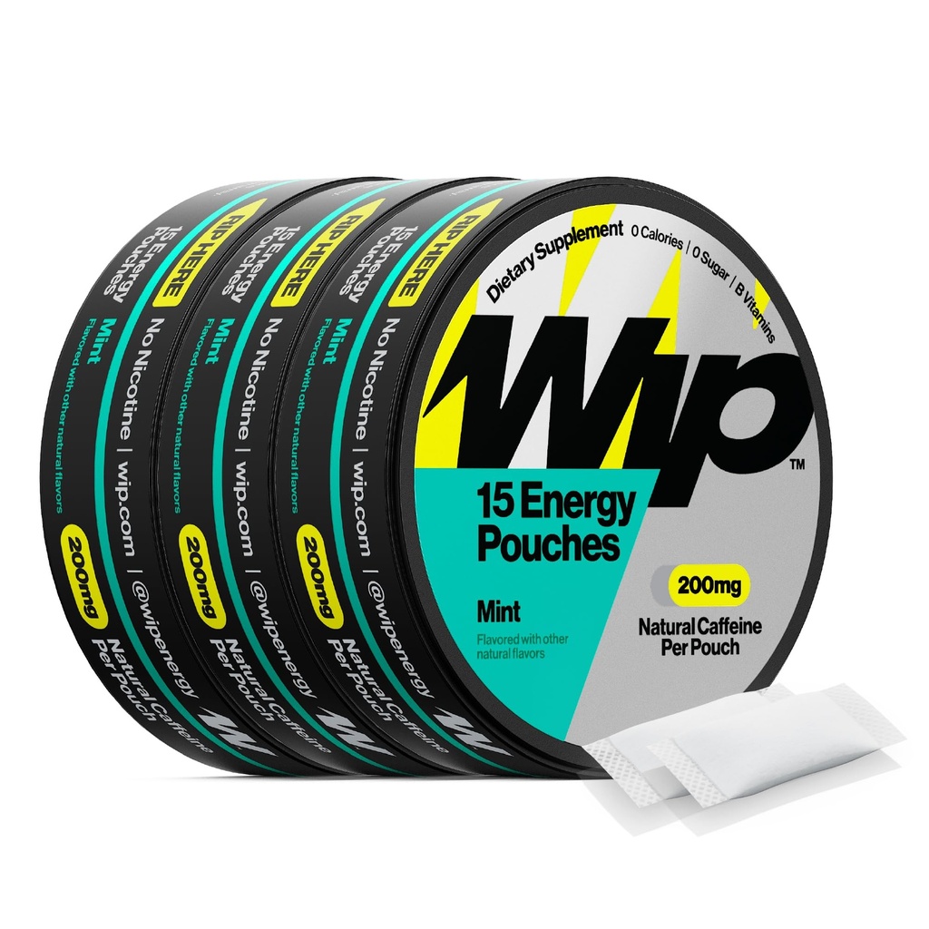 Wip Energy Pouches, Sugar Free Blend with 200 MG Natural Caffeine, B Vitamins, Minerals & L Theanine for Energy Support, Pre Workout for Active Lifestyles, Mint, 3 Cans, 15 Pouches per can