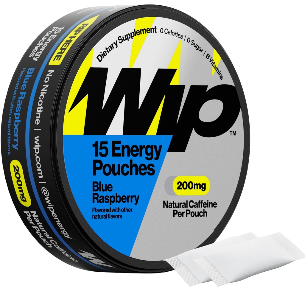 Wip Energy Pouches, Sugar Free Blend with 200 MG Natural Caffeine, B Vitamins, Minerals & L Theanine for Energy Support, Pre Workout for Active Lifestyles, Blue Raspberry, 1 Can, 15 Pouches