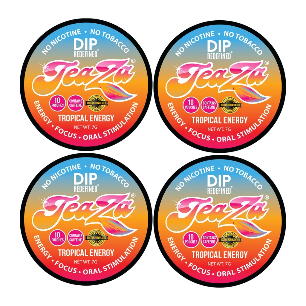 TeaZA Energy Pouches - Tobacco Free Chew Nicotine Free, Smokeless Alternative Snuff and Healthy Chewing Dipping Tobacco Alternative with Fruit Flavors Pineapple Mango Citrus (Tropical - 4 Pack)