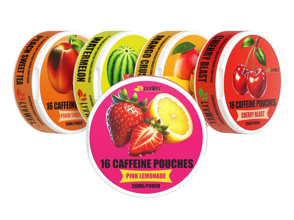 LyvWel 56mg Caffeine Energy Pouches – Multi (Peach, Watermelon, Pink Lemonade, Mango, Cherry) – Clean Energy & Focus Boost with Guarana – 5-Pack with 16 Pouches Per Can (80 Total)