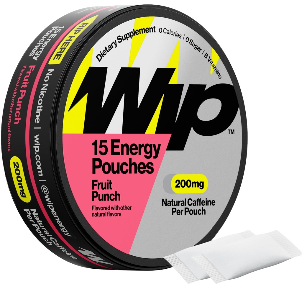 Wip Energy Pouches, Sugar Free Blend with 200 MG Natural Caffeine, B Vitamins, Minerals & L Theanine for Energy Support, Pre Workout for Active Lifestyles, Fruit Punch, 1 Can, 15 Pouches
