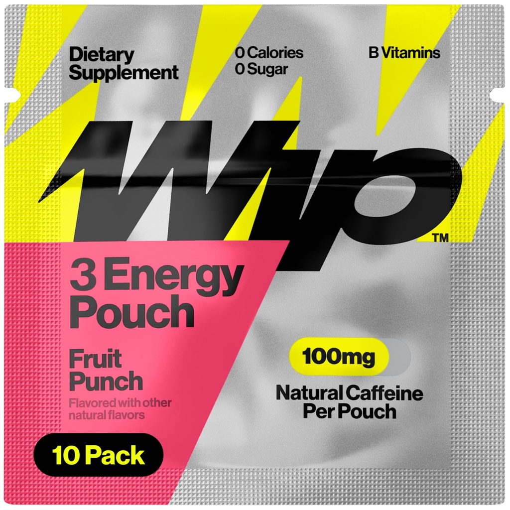 Wip Energy Pouches, Travel Packs, Sugar Free, 100mg Natural Caffeine, B Vitamins, Minerals, L-Theanine, Energy Support, 10 Packs 3 Pouches Each (Fruit Punch)