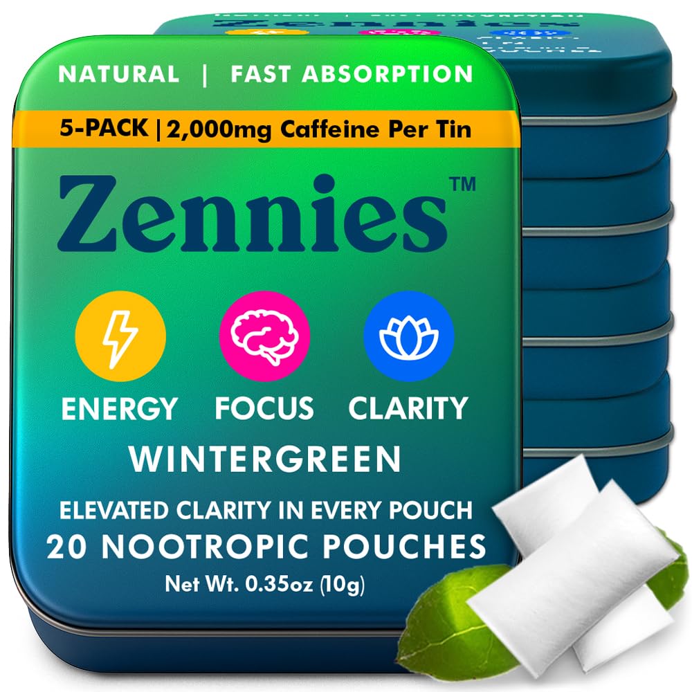 Zennies Caffeine Nootropic Pouches with Alpha GPC, L-Tyrosine & L-Theanine, Lion's Mane, Cordyceps, Reishi - Nicotine Free, No Sugar or Artificial Sweeteners Nootropic Energy Pouches, Wintergreen 5 PK