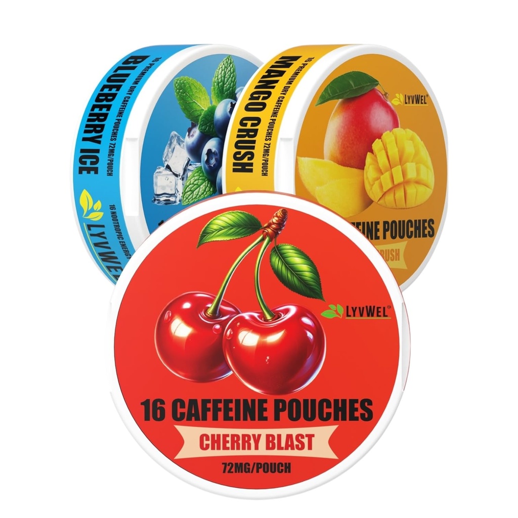 LyvWel 72mg Caffeine Energy Pouches – Cherry Blast, Blueberry Ice, Mango Crush – Καθαρή ενέργεια με Guarana για Focus & Stamina – 3-Pack (48 Total Pouches)