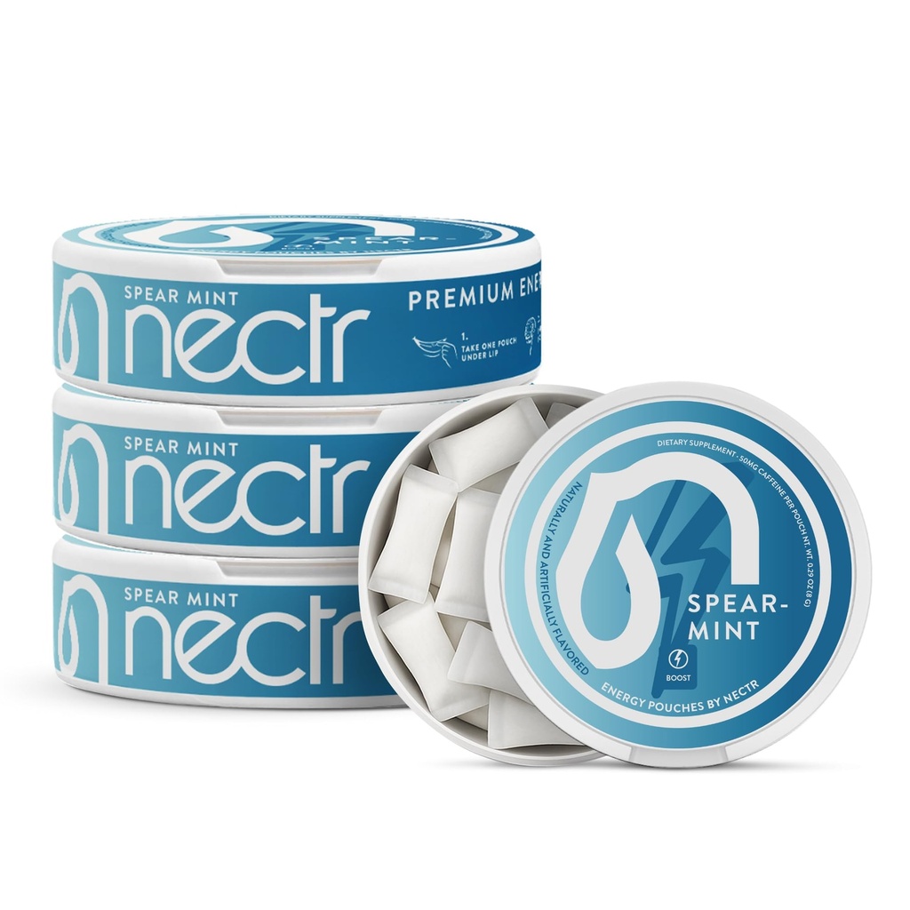 Nectr Energy 50mg Caffeine Pouches - Spearmint Flavored, Sugar-Free Brain Treats. 20x Mini Nicotine-Free Pouches Per Puck. Fast Focus & Energy Supplement - 4 Pack