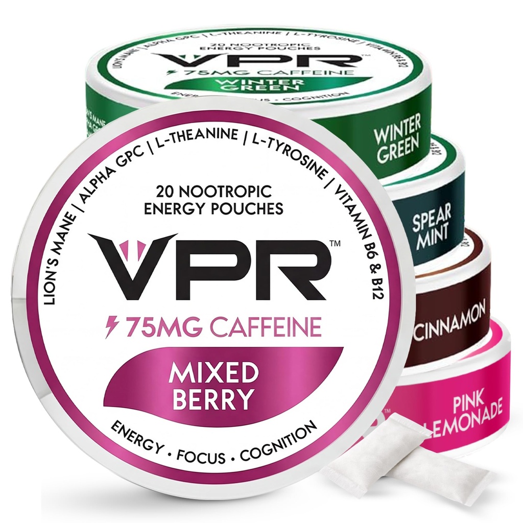 VPR 75mg Caffeine Nootropic Pouches | 20 Count Energy Pouches with Lion's Mane, Alpha-GPC, Vitamin B6 & B12, L-Theanine, and L-Tyrosine | Naturally Flavored Focus Pouches with No Sugar | Variety Pack