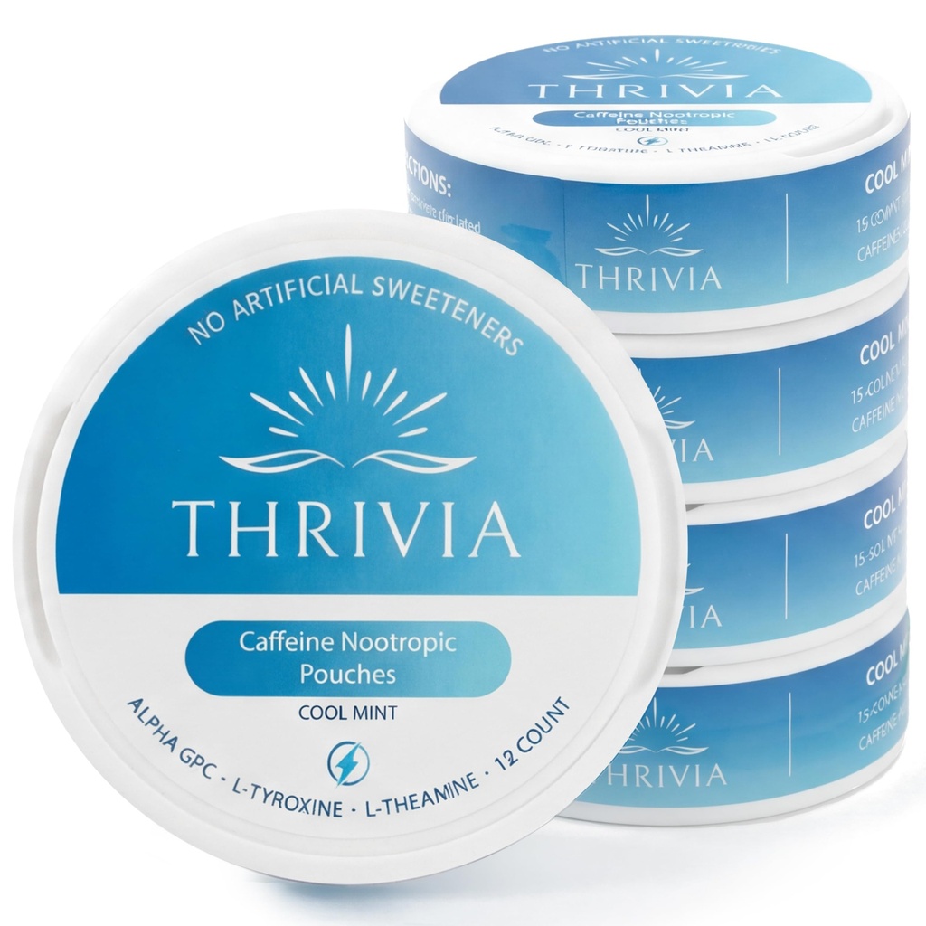 Nicotine-Free Energy Caffeine Pouches | 50mg Caffeine | Alpha GPC | L-Tyrosine | L-Theanine | 15 Nootropic Pouches Per Can | No Sugar, No Tobacco (Pack of 5) (Cool Mint)