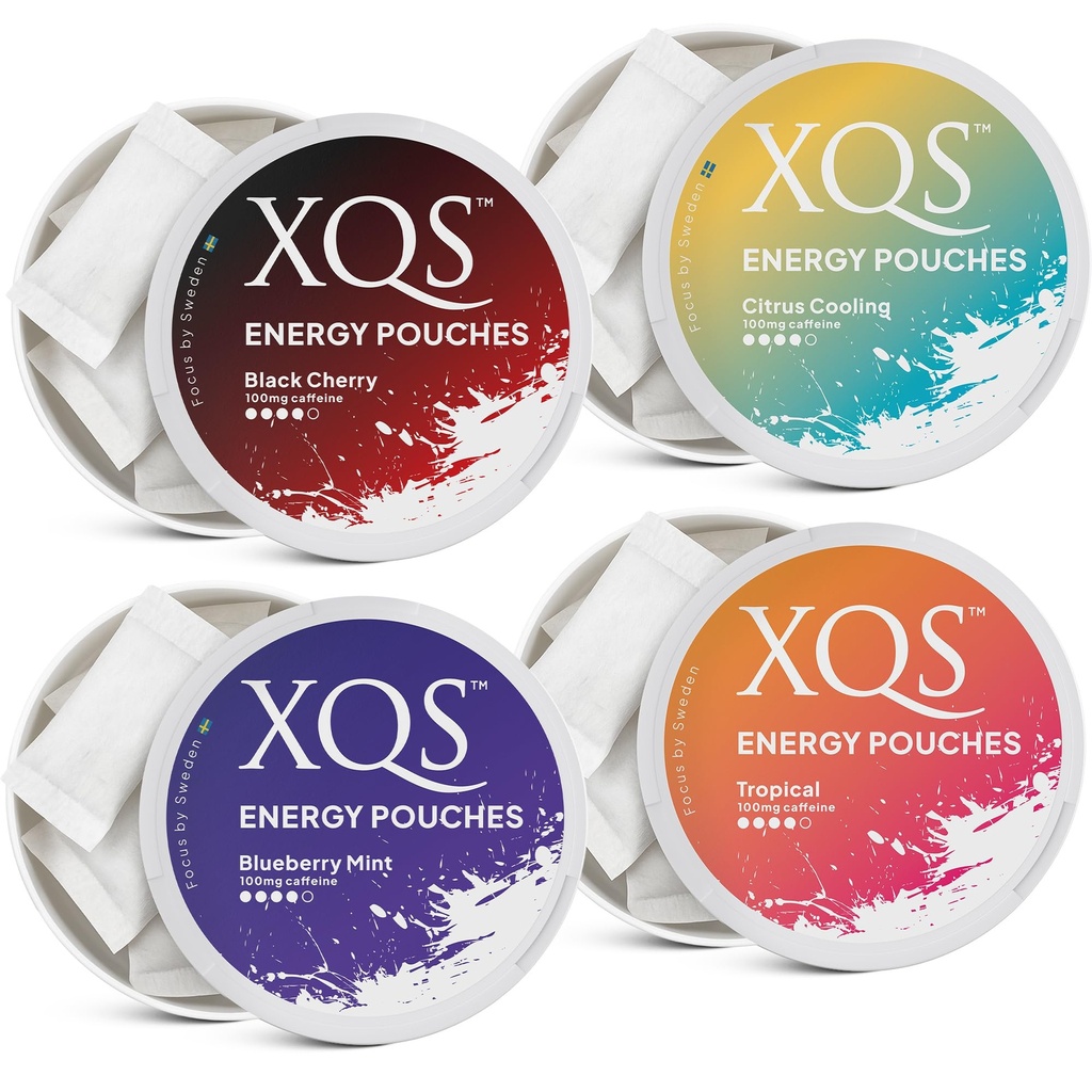 XQS Functional Energy Pouches Variety Pack. 4-100mg Caffeine, Zero Sugar, Tobacco and Nicotine Free Pouches for Energy Boost – 20 Count Each: Tropical, Citrus Cooling, Blueberry Mint & Black Cherry