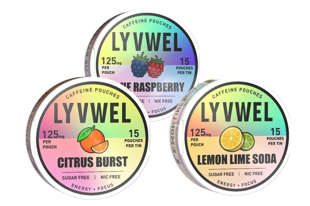 LyvWel 125mg Caffeine Energy Pouches – Variety Sampler Pack – Clean Energy with Guarana for Focus & Stamina – 3-Pack (45 Total Pouches) (3 Pack, Blue Raspberry, Citrus Burst, Lemon Lime Sod)