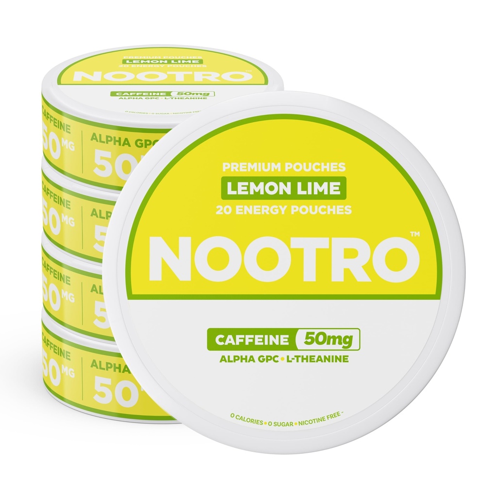 Nootro Caffeine Nootropic Pouches (Lemon Lime) - Energy Pouches with 50mg Caffeine, 50mg Alpha GPC, 50mg L-Theanine with No Sugar and no Calories - 20 Pouches Per Can - 5 Pack
