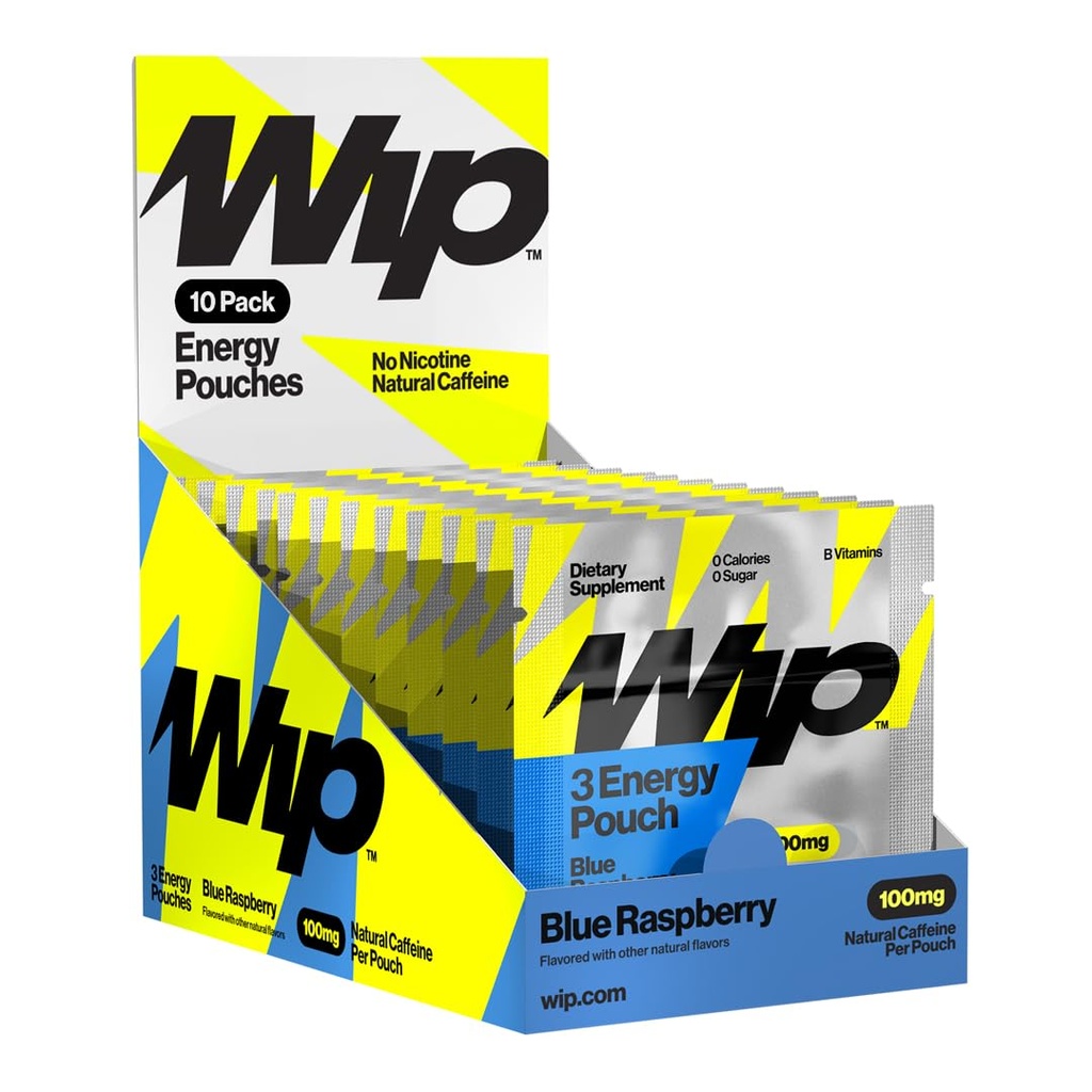 Wip Energy Pouches, Travel Packs, Sugar Free, 100mg Natural Caffeine, B Vitamins, Minerals, L-Theanine, Energy Support, 10 Packs 3 Pouches Each (Blue Raspberry)