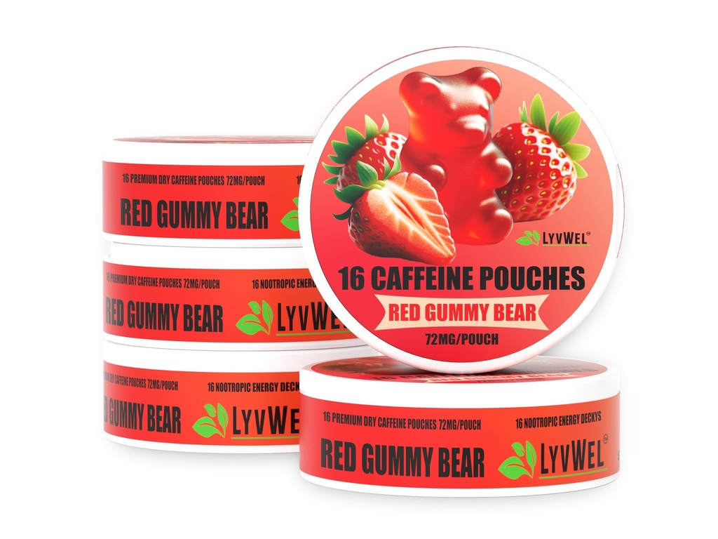 LyvWel 72mg Caffeine Energy Pouches – Red Gummy Bear – Sweet Candy Flavor with Smooth Guarana Energy – 5-Pack (80 Total Pouches)