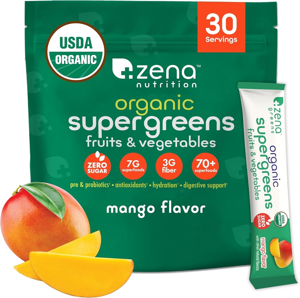 Zena Nutrition Organic Super Greens Toz, 70+ Superfoods, 0 Sugar, 3G Fiber, Spirulina, Chlorella, Antioksis, Prebiyotiks/Probiyotiks, Digestive Enzymes, Mango, 30 Drink Mixets