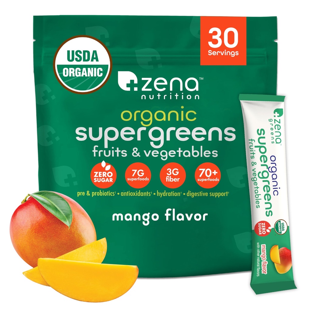 Zena Nutrition Organic Super Greens Toz, 70+ Superfoods, 0 Sugar, 3G Fiber, Spirulina, Chlorella, Antioksis, Prebiyotiks/Probiyotiks, Digestive Enzymes, Mango, 30 Drink Mixets